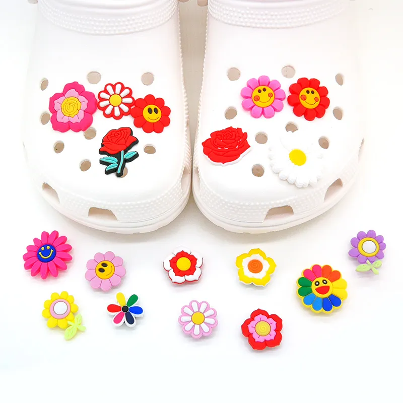 moq 100pcs plastic buttons flowers croc Charms Soft Pvc rose Shoe Charm  Accessories Decorations custom JIBZ for clog shoes childrens gift